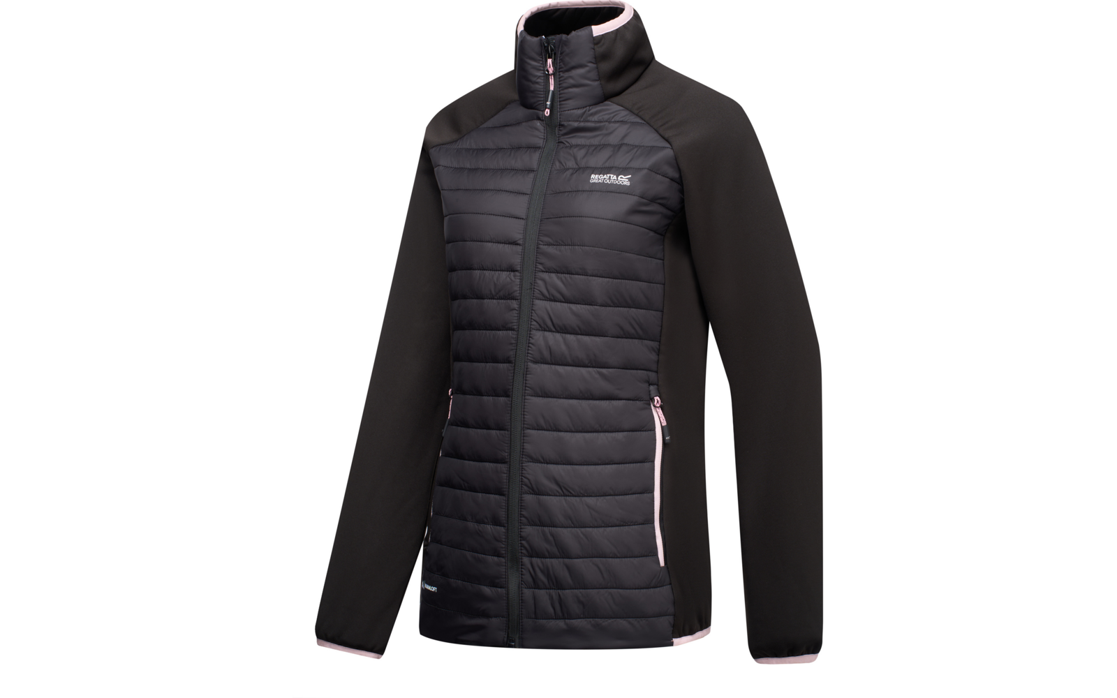 Giacca nera con pannello frontale trapuntato, maniche lisce, collo alto, cerniera centrale, due tasche laterali con zip e profilo rosa chiaro, logo del marchio sul petto sinistro