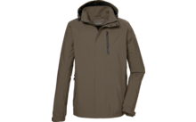 Giacca con cappuccio color oliva-marrone con maniche lunghe, cerniera frontale nascosta, tasca sul petto verticale con zip a sinistra e due tasche laterali con zip