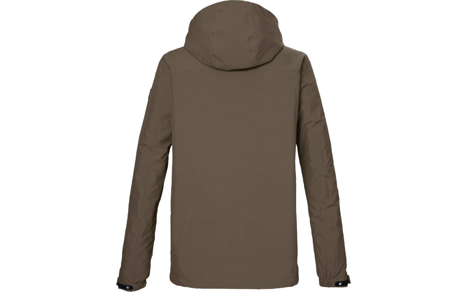 Vista posteriore di una giacca con cappuccio color kaki con maniche lunghe