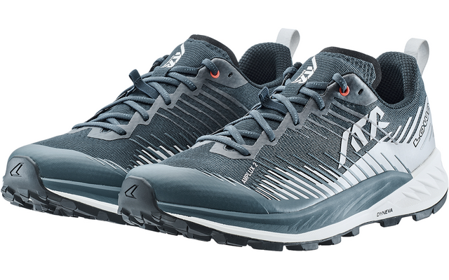 Ein Paar dunkelblau-graue Sportschuhe mit weißen Streifen, Schnürsenkeln und profilierten Gummisohlen