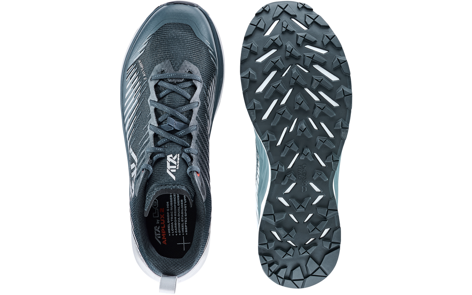 Dunkelgrauer Schuh, links Draufsicht mit Schnürsenkeln, rechts die Schuhsohle von unten, auf weißem Hintergrund