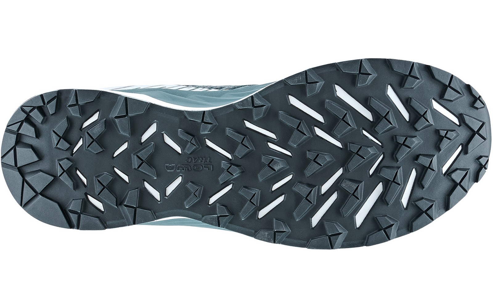 Schuhsohle mit tiefem, eckigem Profil, dunkelgrauem Mittelteil und hellblauen Seitenkanten