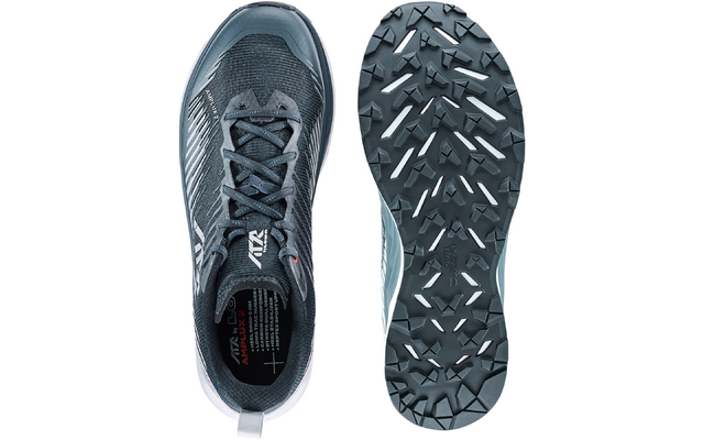 Dunkelgrauer Schuh, links Draufsicht mit Schnürsenkeln, rechts die Schuhsohle von unten, auf weißem Hintergrund