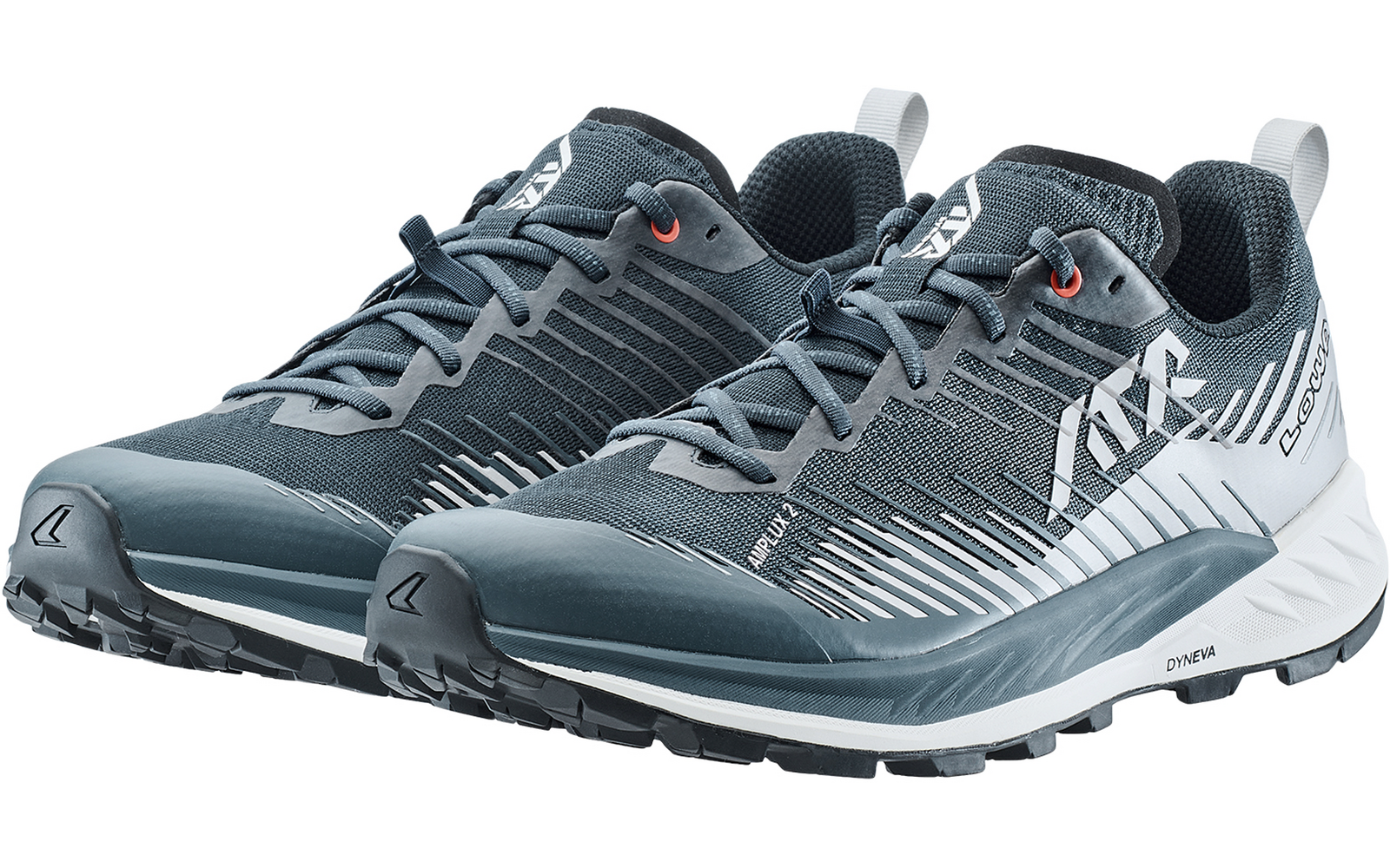 Ein Paar dunkelblau-graue Sportschuhe mit weißen Streifen, Schnürsenkeln und profilierten Gummisohlen