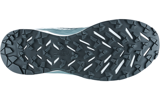 Schuhsohle mit tiefem, eckigem Profil, dunkelgrauem Mittelteil und hellblauen Seitenkanten