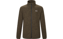 Olivgrüne, melierte Herrenjacke mit Stehkragen, durchgehendem Reißverschluss, zwei seitlichen Reißverschlusstaschen und weißem Logo auf der linken Brust