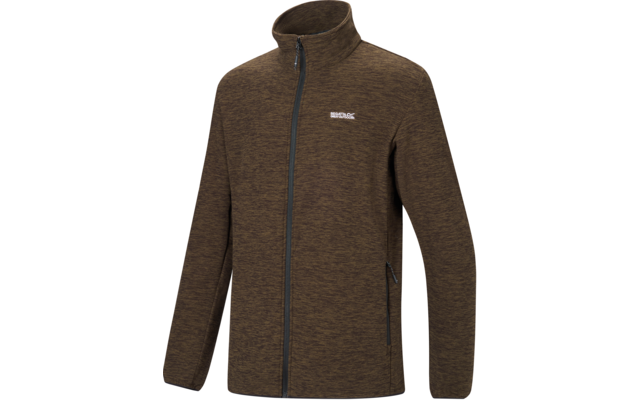 Braune Jacke mit durchgehendem Reißverschluss, Stehkragen, langen Ärmeln, zwei seitlichen Reißverschlusstaschen und kleinem weißen Logo auf der linken Brust