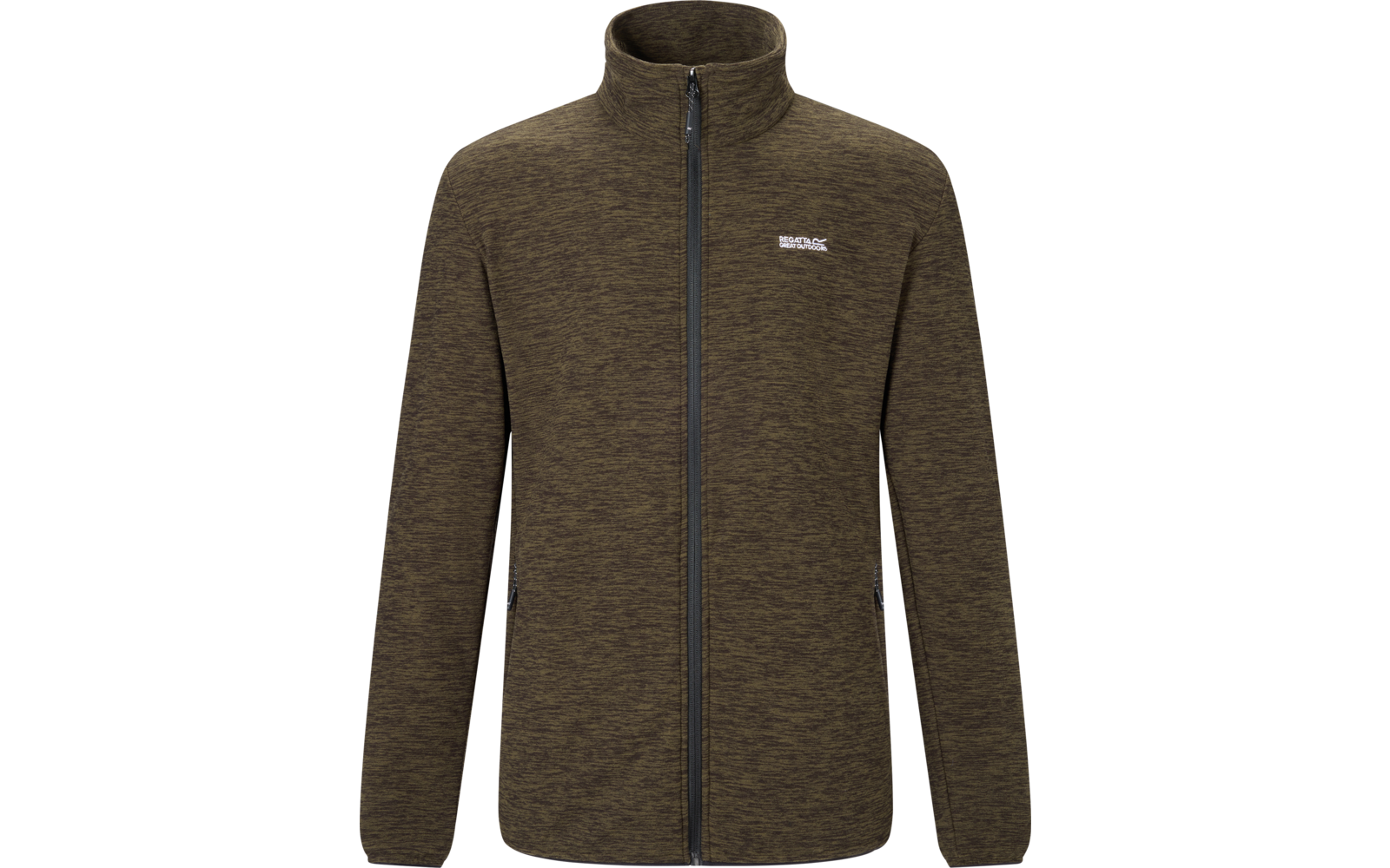 Olivgrüne, melierte Herrenjacke mit Stehkragen, durchgehendem Reißverschluss, zwei seitlichen Reißverschlusstaschen und weißem Logo auf der linken Brust