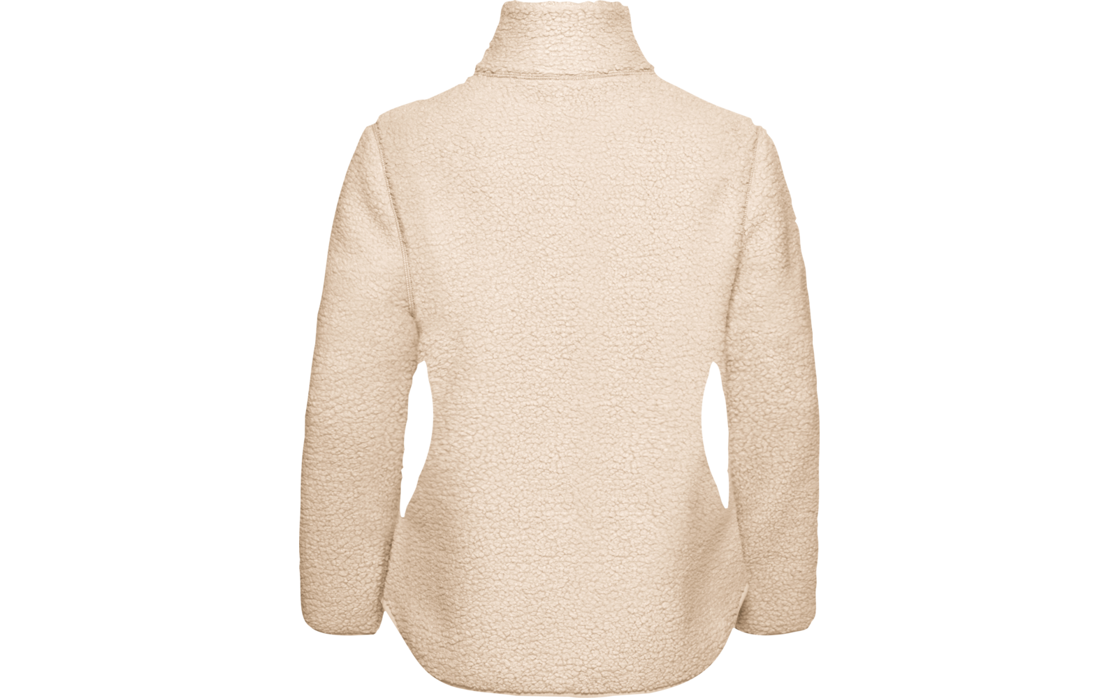 Achteraanzicht van een lichtbeige sherpa-fleecejas met opstaande kraag en lange mouwen, zonder zichtbare sluiting