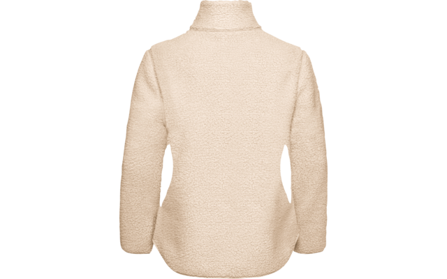 Achteraanzicht van een lichtbeige sherpa-fleecejas met opstaande kraag en lange mouwen, zonder zichtbare sluiting