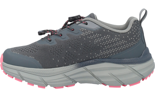 Gray athletic shoe with knitted upper, thick light-gray midsole, pink outsole accents, elastic toggle lacing and heel loop