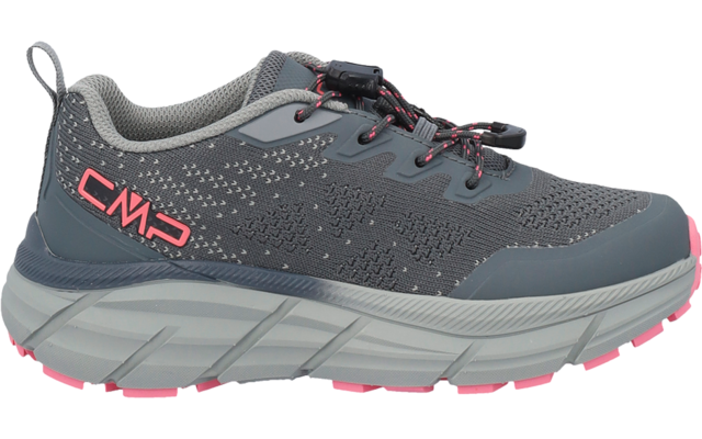 Gray sneaker with pink accents, mesh upper, laces, 'CMP' logo on the side, thick gray sole with pink tread
