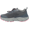 Gray athletic shoe with knitted upper, thick light-gray midsole, pink outsole accents, elastic toggle lacing and heel loop