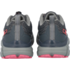 Rear view of a pair of gray shoes with mesh uppers, light-gray heel pull tabs and pink accents on the logo and treaded sole
