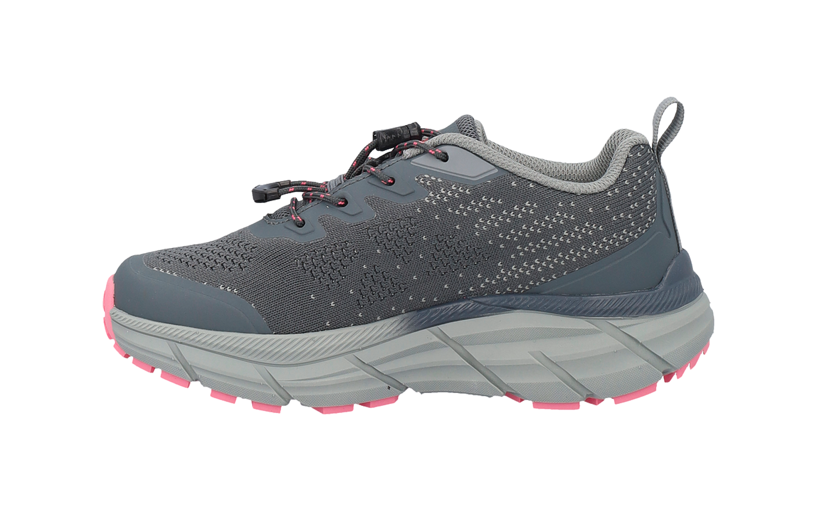 Gray athletic shoe with knitted upper, thick light-gray midsole, pink outsole accents, elastic toggle lacing and heel loop