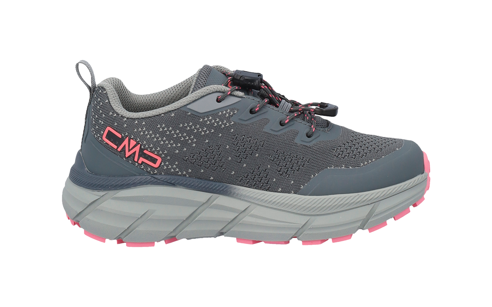 Gray sneaker with pink accents, mesh upper, laces, 'CMP' logo on the side, thick gray sole with pink tread