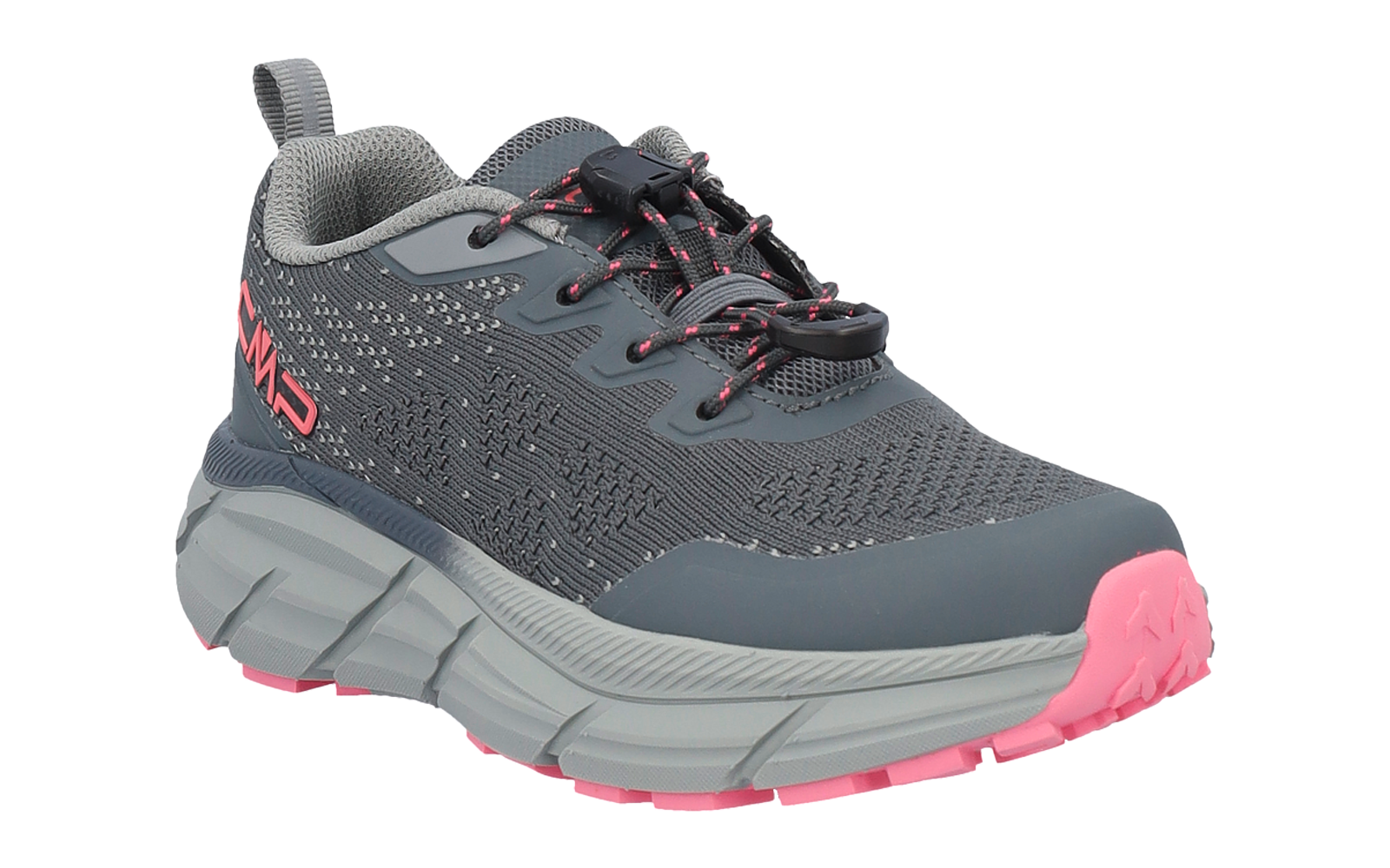 Grey shoe with knitted upper, thick grey sole, pink outsole and pink accents on laces and heel; black lace lock, heel pull tab