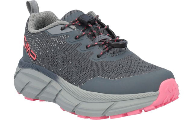 Grey shoe with knitted upper, thick grey sole, pink outsole and pink accents on laces and heel; black lace lock, heel pull tab