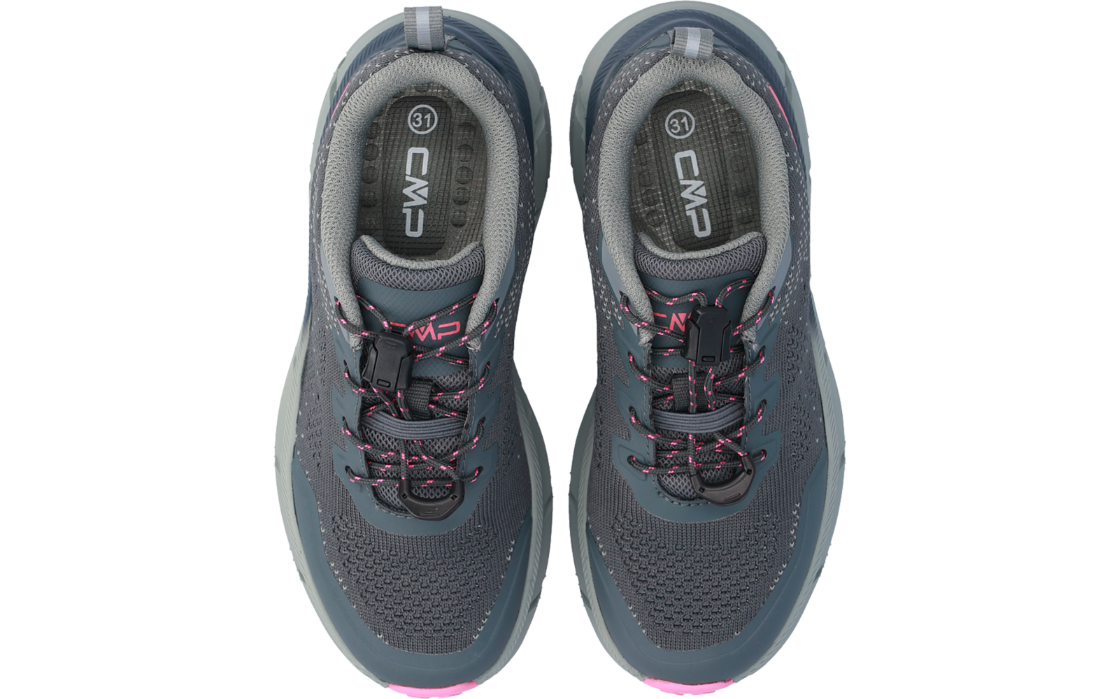 Pair of grey sneakers viewed from above, laces with pink accents, insoles printed with 'CMP' and visible number '31'