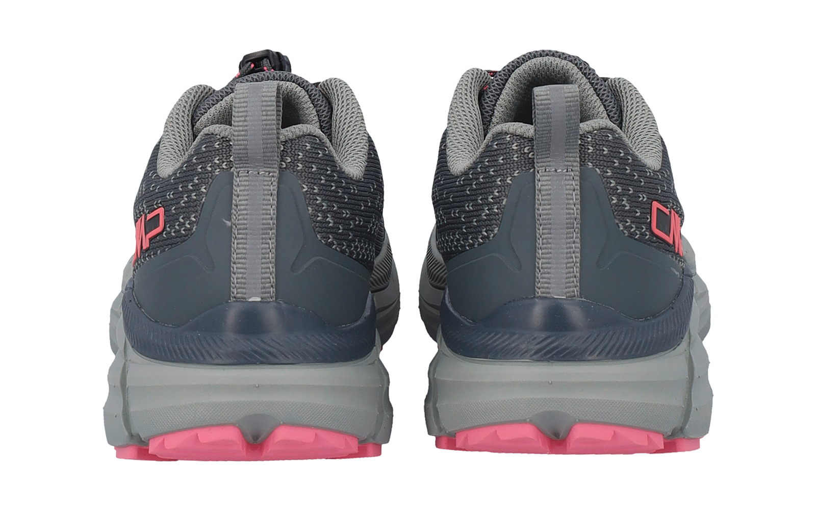 Rear view of a pair of gray shoes with mesh uppers, light-gray heel pull tabs and pink accents on the logo and treaded sole