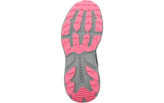 Shoe sole in pink and gray with tread grooves and visible text "CMP"