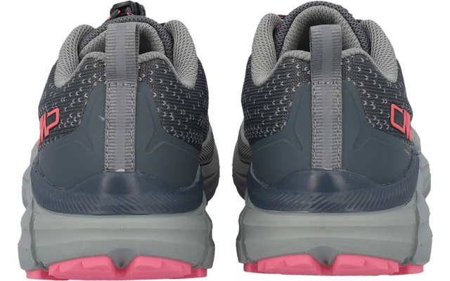 Rear view of a pair of gray shoes with mesh uppers, light-gray heel pull tabs and pink accents on the logo and treaded sole