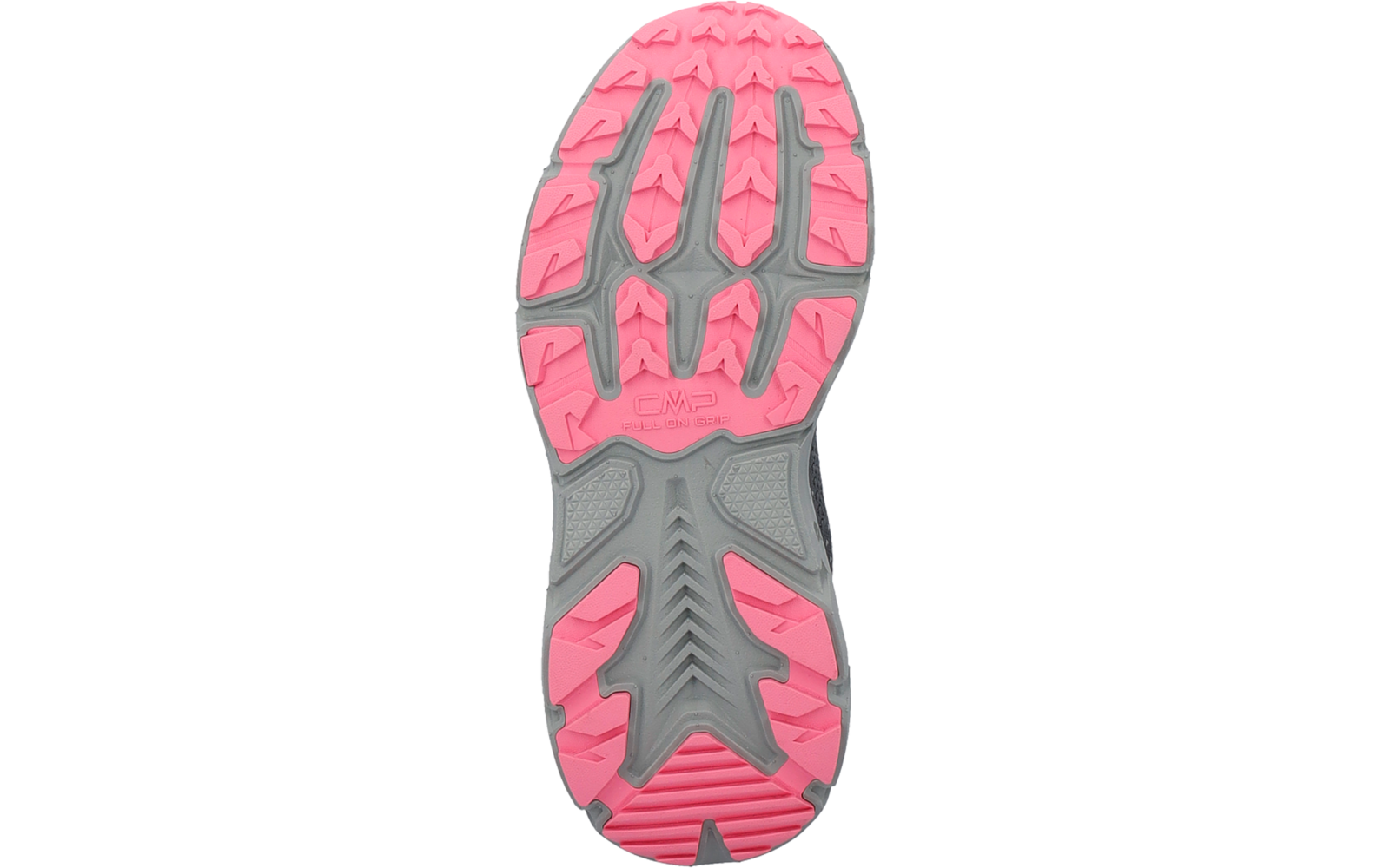 Shoe sole in pink and gray with tread grooves and visible text "CMP"