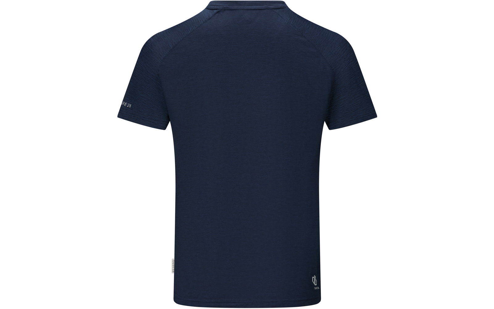 Vue arrière d'un t-shirt uni bleu foncé à manches courtes, encolure ronde, petit label sur l'ourlet inférieur et petit texte sur une manche