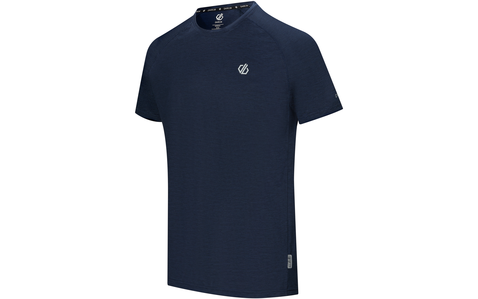 T‑shirt bleu foncé à manches courtes et col rond, petit logo blanc sur la poitrine gauche et petit label à l'ourlet