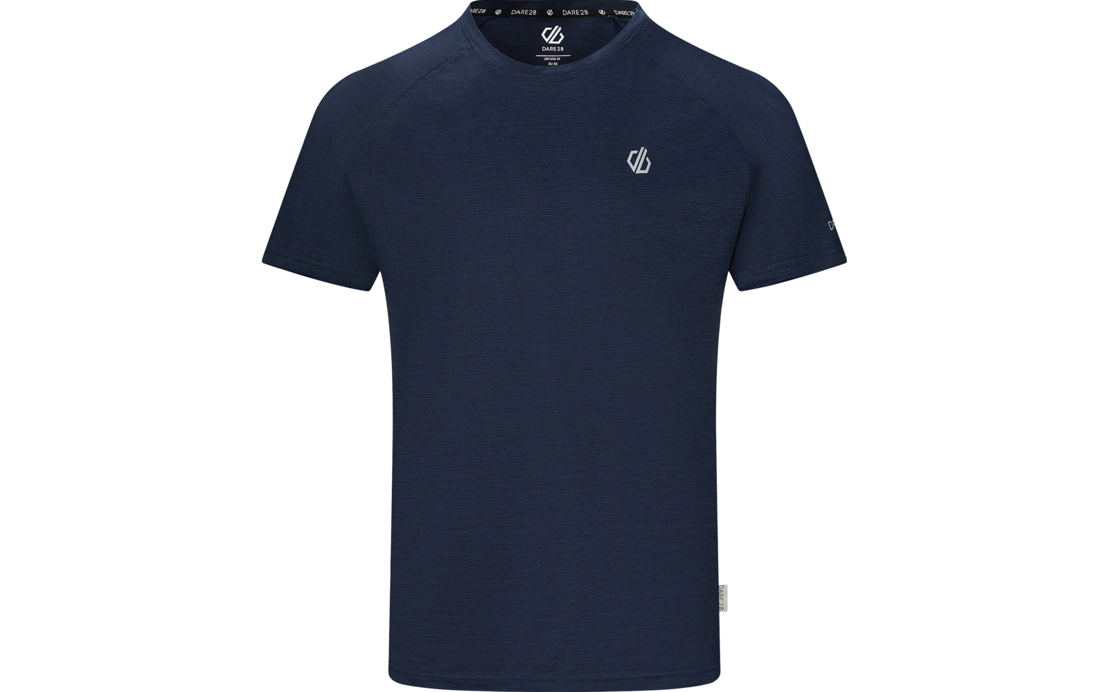 Dunkelblaues T-Shirt, Vorderansicht, kurze Ärmel, runder Halsausschnitt, kleines weißes Logo auf der oberen Brust, kleines Etikett am Saum