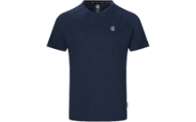 T-shirt bleu marine, vue de face, manches courtes, encolure ronde, petit logo blanc sur le haut de la poitrine, petite étiquette à l'ourlet