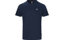 Dunkelblaues T-Shirt, Vorderansicht, kurze Ärmel, runder Halsausschnitt, kleines weißes Logo auf der oberen Brust, kleines Etikett am Saum