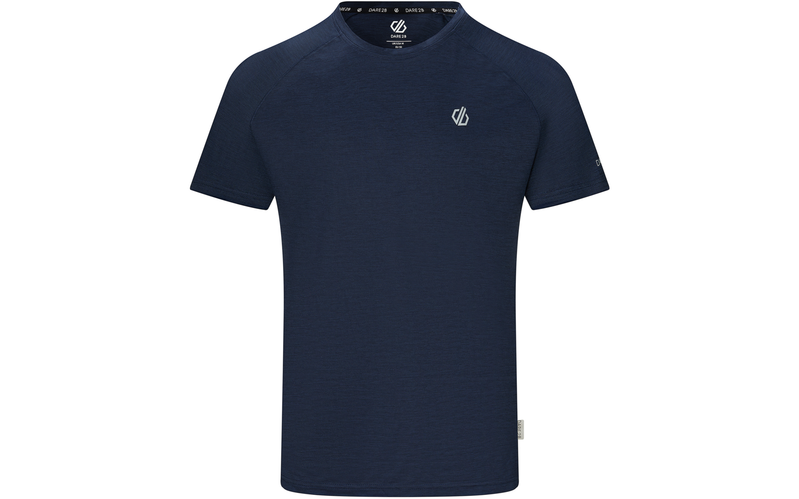 T-shirt bleu foncé à manches courtes avec encolure ronde et petit logo blanc sur la poitrine gauche et la manche gauche