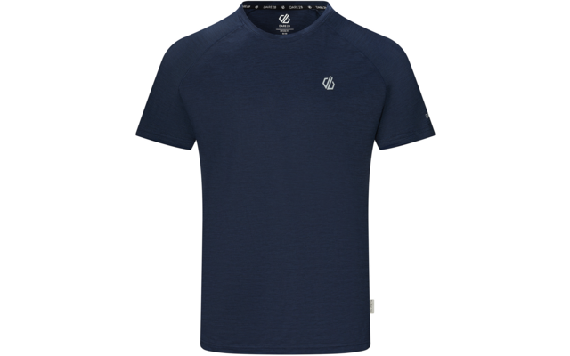 T-shirt bleu foncé à manches courtes avec encolure ronde et petit logo blanc sur la poitrine gauche et la manche gauche