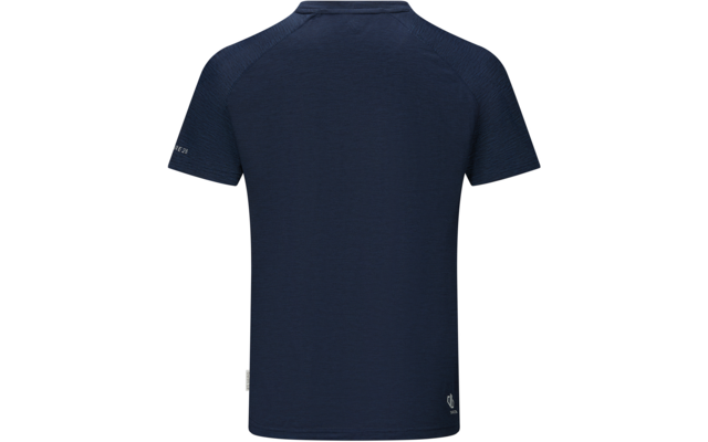 T-shirt bleu marine, vue de dos, manches courtes, encolure ronde, petit logo blanc en bas à droite, étiquette côté gauche