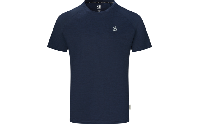 Dunkelblaues kurzärmeliges T‑Shirt mit Rundhalsausschnitt und kleinem weißen Logo auf linker Brust und linkem Ärmel