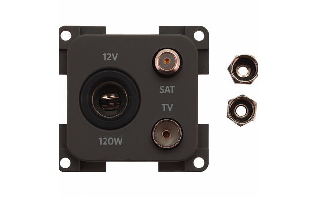 Schwarzes quadratisches Panel mit 12V‑Buchse (Beschriftung '12V' und '120W'), zwei koaxiale Anschlüsse beschriftet 'SAT' und 'TV' und zwei Metallmuttern rechts
