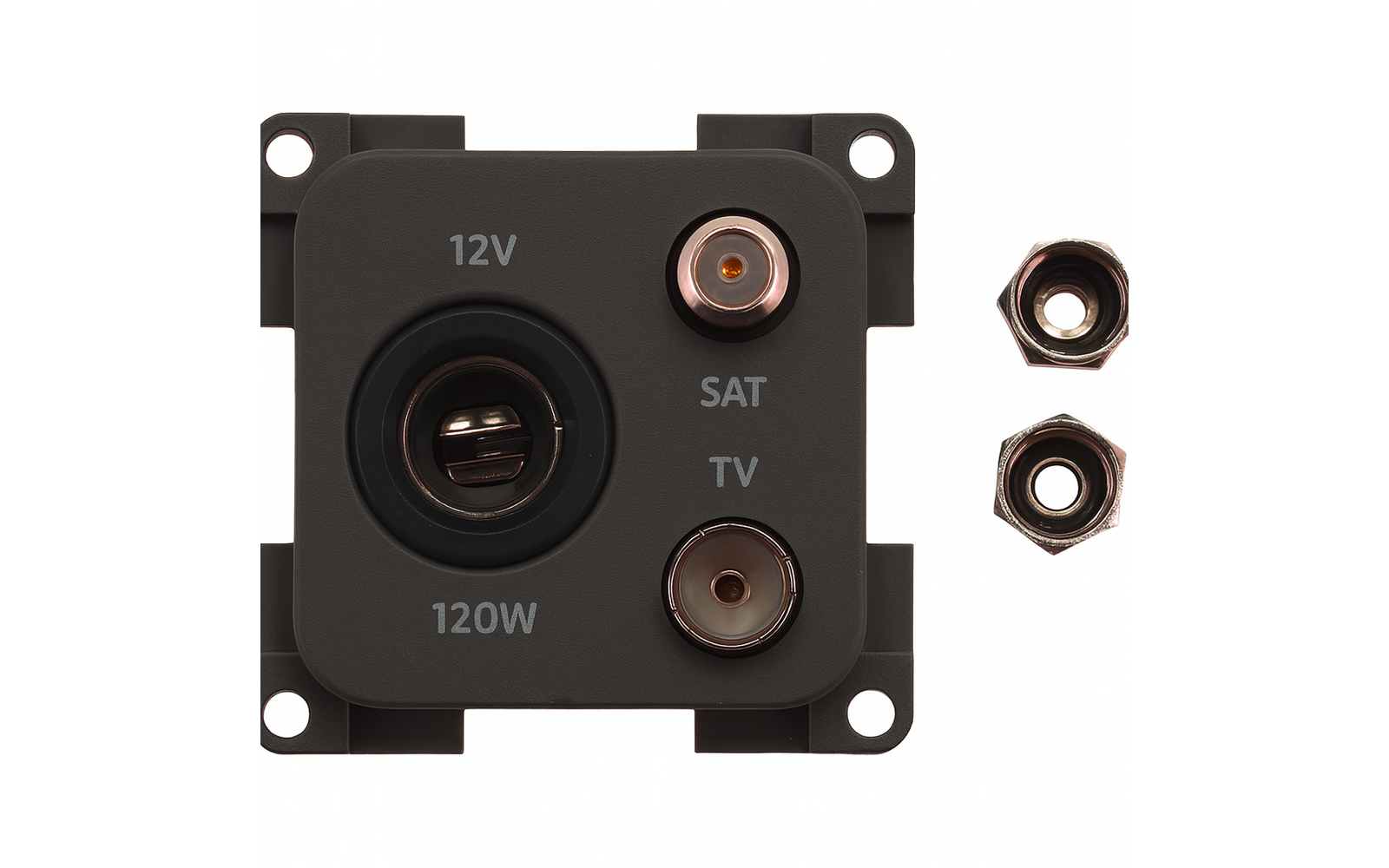 Schwarzes quadratisches Panel mit 12V‑Buchse (Beschriftung '12V' und '120W'), zwei koaxiale Anschlüsse beschriftet 'SAT' und 'TV' und zwei Metallmuttern rechts