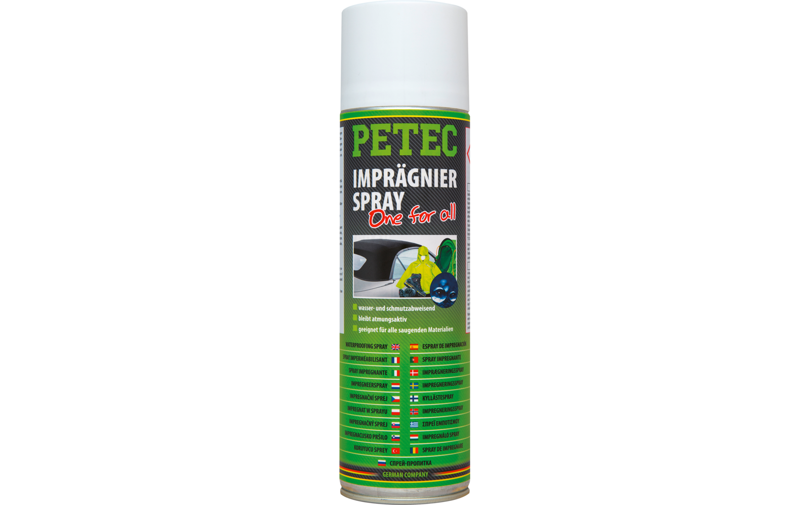 Weiße Spraydose mit grünem Etikett, großem Schriftzug 'PETEC', Text 'IMPRÄGNIER SPRAY' und 'One for all', Abbildungen von Schuh und Wassertropfen