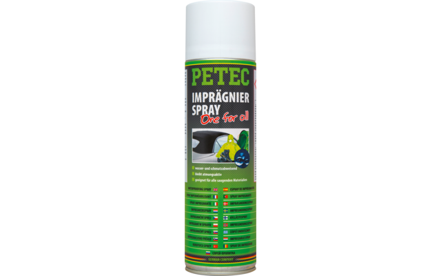 Weiße Spraydose mit grünem Etikett, großem Schriftzug 'PETEC', Text 'IMPRÄGNIER SPRAY' und 'One for all', Abbildungen von Schuh und Wassertropfen