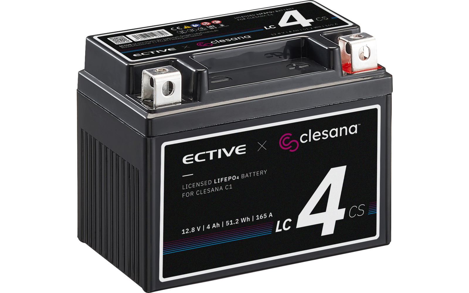 Schwarze rechteckige Batterie mit Aufkleber ECTIVE x clesana, großer weißer 4, Metallanschlüsse oben (einer mit roter Abdeckung) und aufgedruckte Spezifikationen 12.8 V | 4 Ah | 51.2 Wh | 165 A