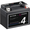 Schwarze rechteckige Batterie mit Aufkleber ECTIVE x clesana, großer weißer 4, Metallanschlüsse oben (einer mit roter Abdeckung) und aufgedruckte Spezifikationen 12.8 V | 4 Ah | 51.2 Wh | 165 A