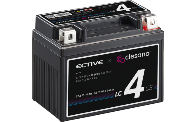 Schwarze rechteckige Batterie mit Aufkleber ECTIVE x clesana, großer weißer 4, Metallanschlüsse oben (einer mit roter Abdeckung) und aufgedruckte Spezifikationen 12.8 V | 4 Ah | 51.2 Wh | 165 A