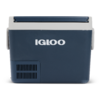 dunkelblaue und weiße Kühlbox mit Schriftzug "IGLOO" auf der Vorderseite, seitliche Griffe und Lüftungsschlitze unten links