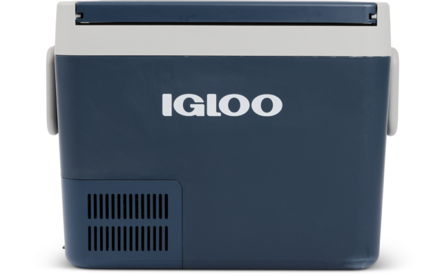 dunkelblaue und weiße Kühlbox mit Schriftzug "IGLOO" auf der Vorderseite, seitliche Griffe und Lüftungsschlitze unten links