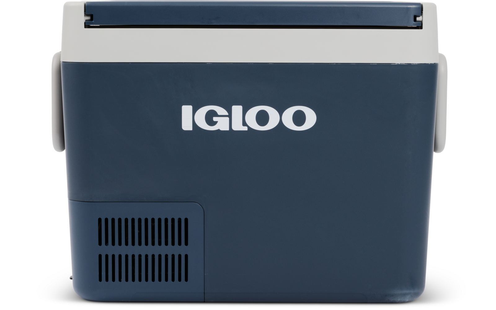 dunkelblaue und weiße Kühlbox mit Schriftzug "IGLOO" auf der Vorderseite, seitliche Griffe und Lüftungsschlitze unten links