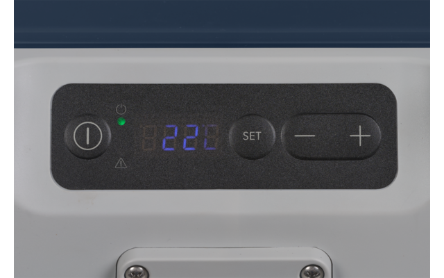 Schwarzes Bedienfeld mit blau leuchtender Anzeige '22C', links runder Knopf mit Ein-/Aus-Symbol und grüner LED, mittig Taste 'SET', rechts Minus- und Plus-Tasten, hellgraues Gehäuse sichtbar