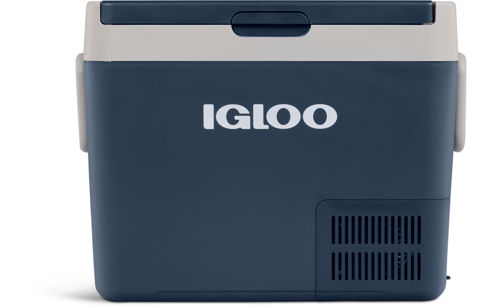 Dunkelblaue Kühlbox mit weißem Deckel, weißer Schriftzug "IGLOO" mittig vorne und Lüftungsgitter unten rechts