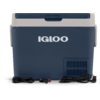 Dunkelblau-weiße tragbare Kühlbox mit Aufschrift IGLOO, Lüftungsschlitzen unten rechts und zwei vor der Box liegenden Kabeln