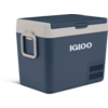 Dunkelblaue Kühlbox mit weißem Deckel, seitlichem Griff, Schriftzug "IGLOO" auf der Seite und Lüftungsgitter